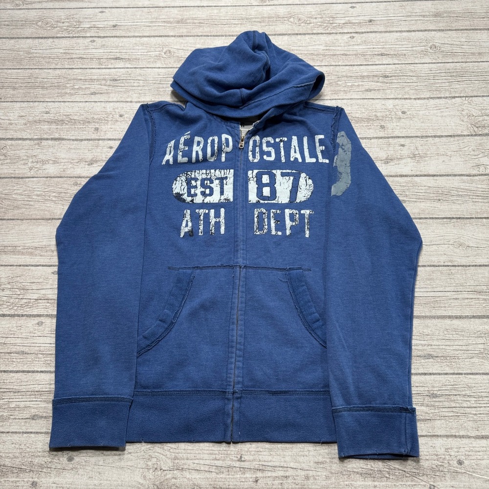 Y2K Aeropostale Hoodie Men's Large Blue Full Zip Fleece Lined Loose Fit Varsity